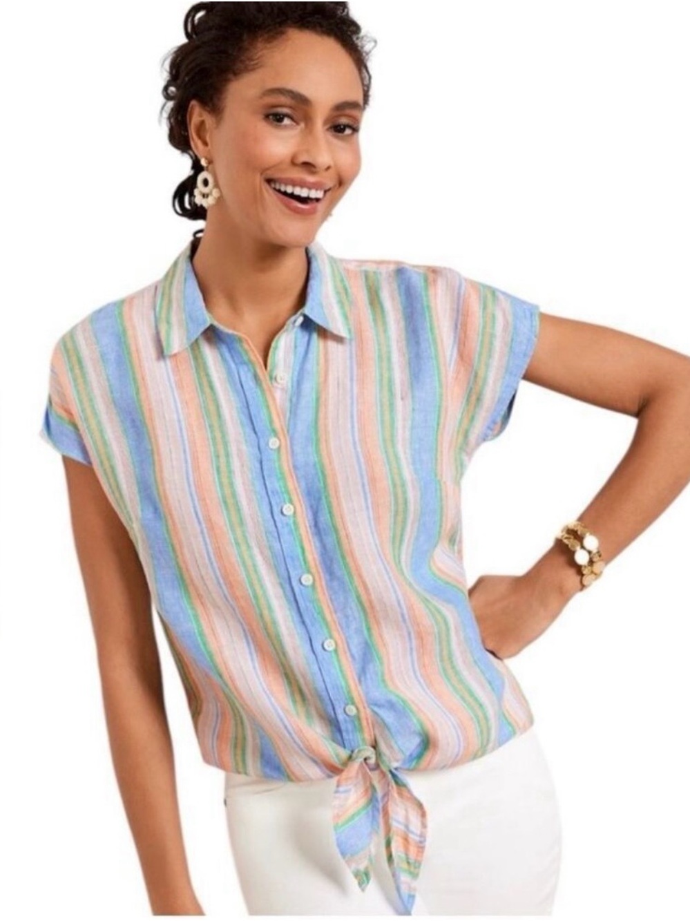 Talbots Linen Striped Tie-Front Button Shirt Coastal Grandma Sz M Boho Chic EUC